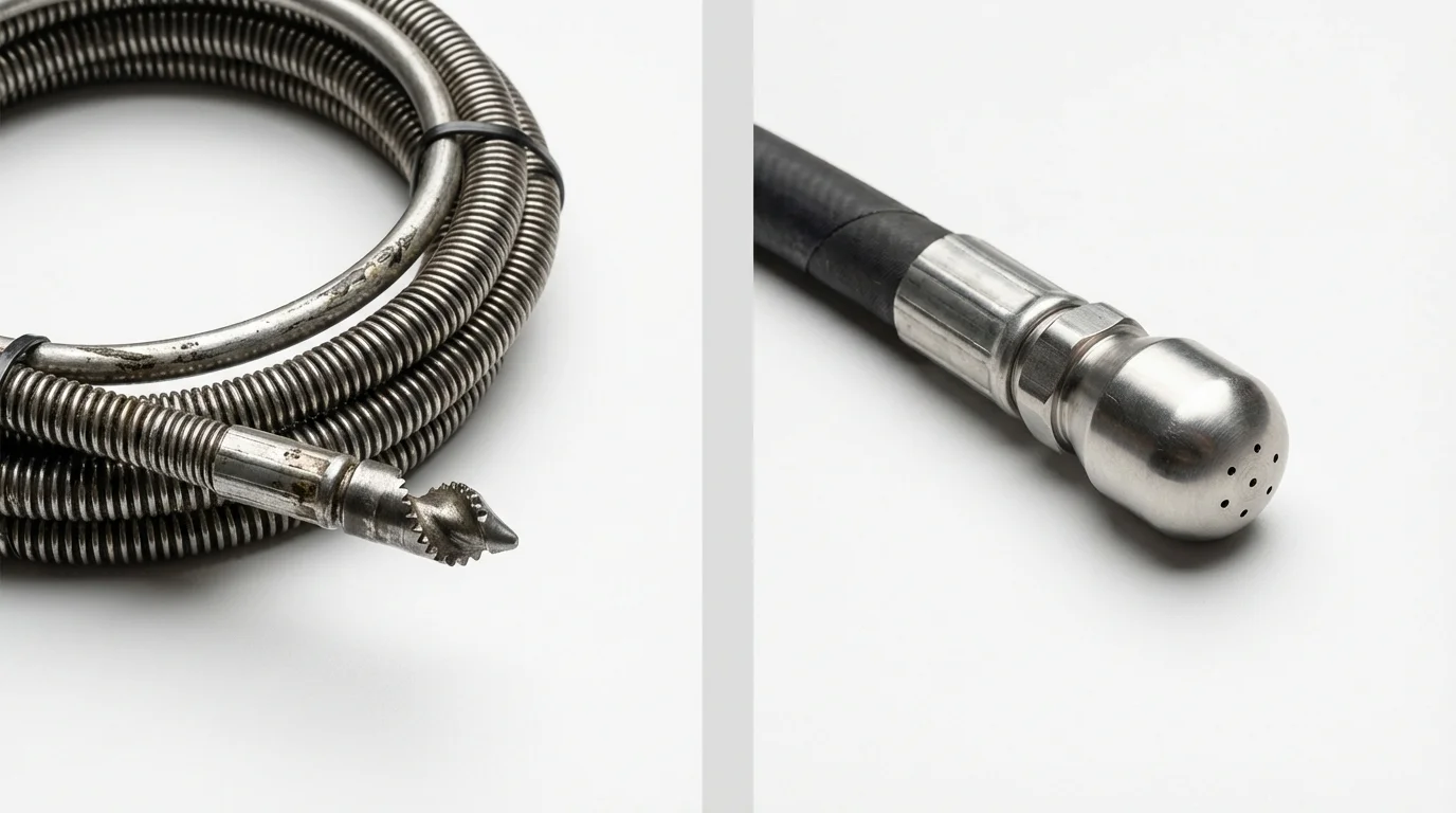 Drain snake cable and hydro jetting nozzle used for drain cleaning in New London, WI