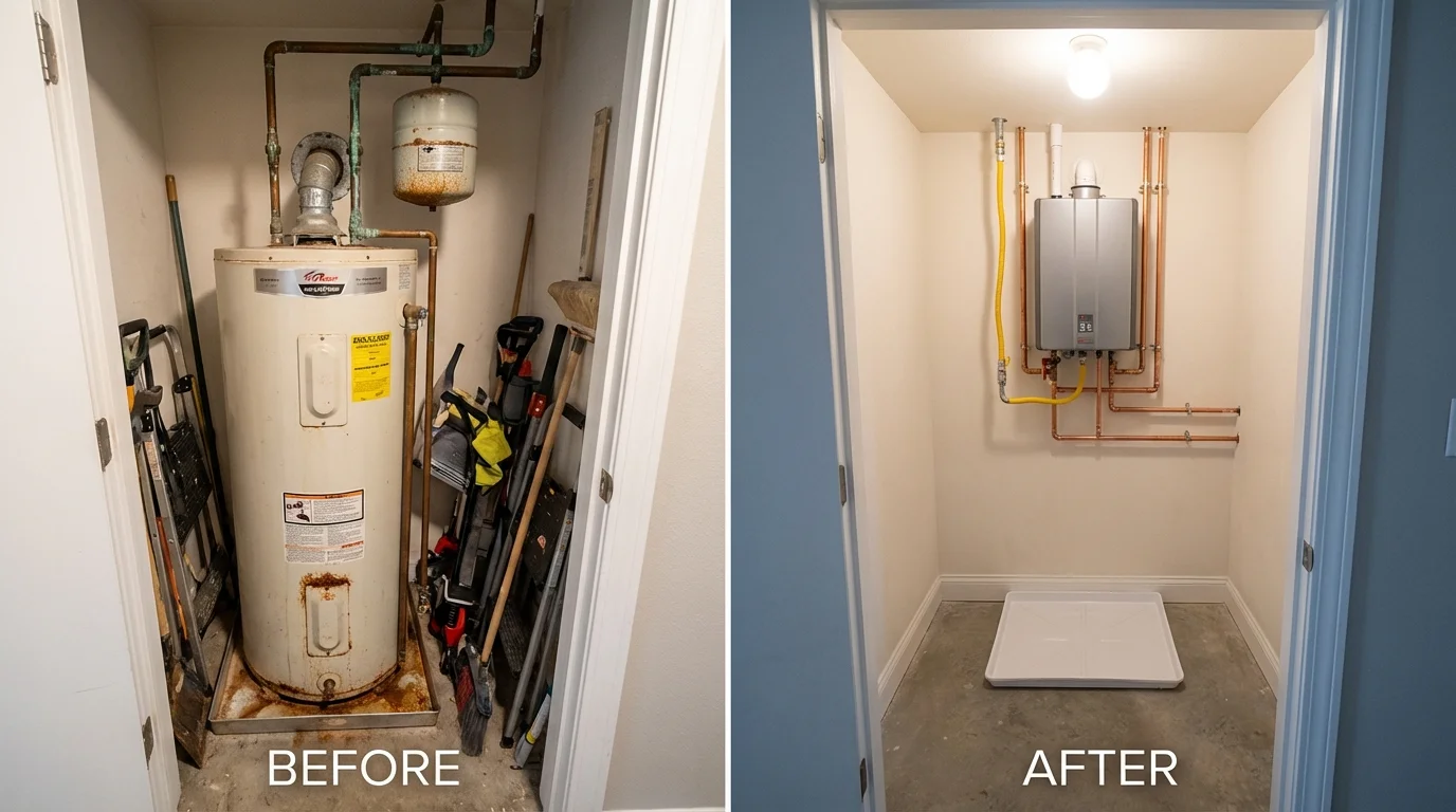 Tank water heater versus wall-mounted tankless unit comparison for New London, WI homeowners