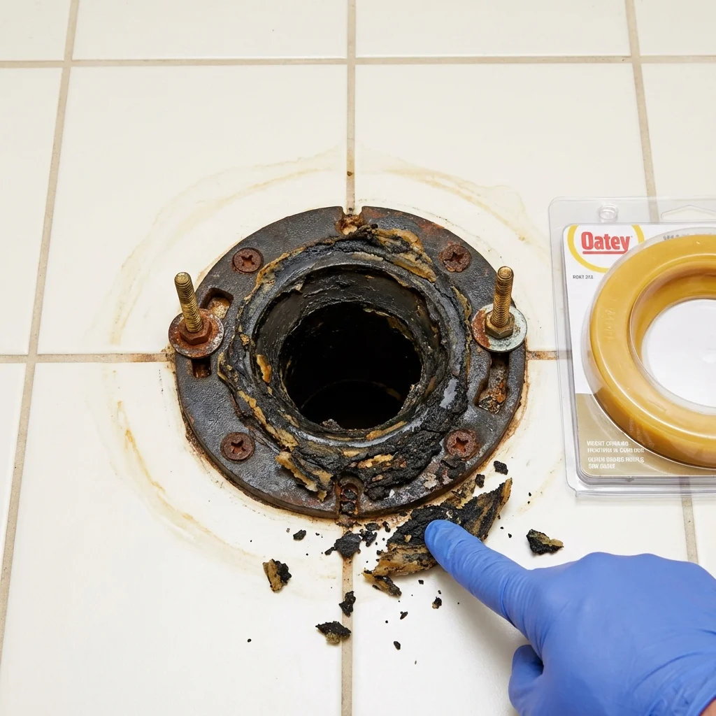 Failed wax ring showing water seepage at the base of a toilet in a New London, WI home