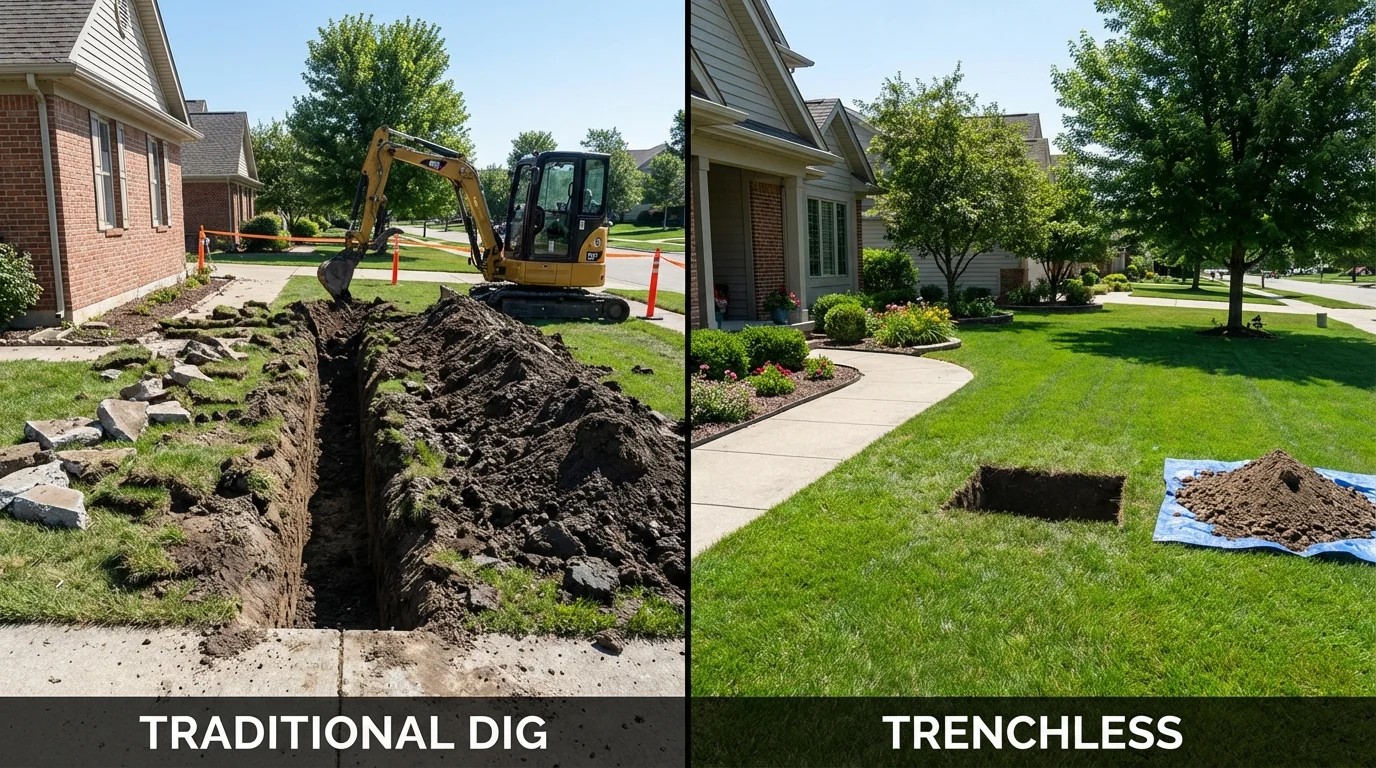 Trenchless sewer repair with minimal yard damage versus traditional excavation in New London, WI