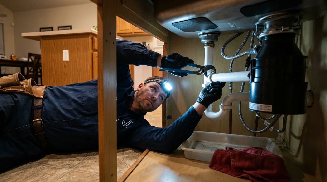 P-trap and supply line connections under a kitchen sink showing a common leak point in New London, WI
